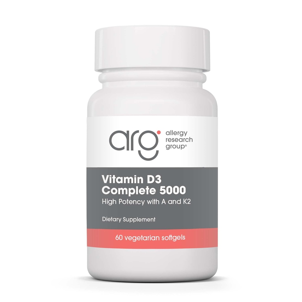 Groupe de recherche sur les allergies Vitamine D3 Complete 5000 UI - Supplément Vitamine D3 et K2, Bilan quotidien, avec vitamine A, tocotriénols d'or Delta, haute puissance, softgels de légumes - 60 Compte