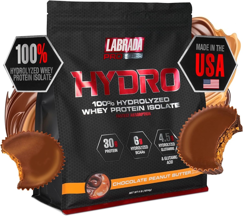 LABRADA Hydro 100% reines hydrolysiertes Whey Protein Isolate Pulver, Lactosefrei, Glutamin, Schnellstes Digesting Whey Verfügbar, Instant Mixing, Delicious Taste 45 Servierungen 4lb (Peanut Butter)