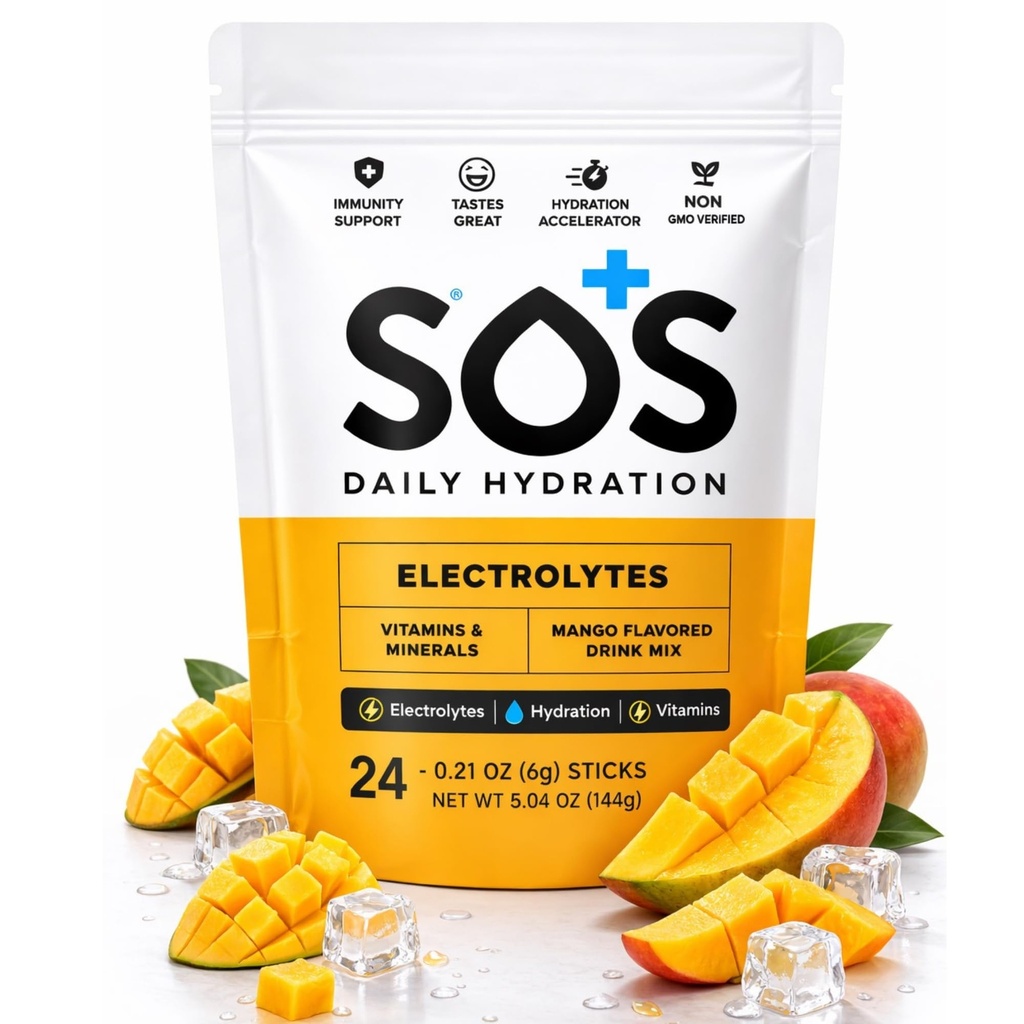 SOS Hydration Elektrolyt Pulver Getränke Mix | 24 Servierungen | Essential Vitamins Low Sugar Keto-Friendly | Mango