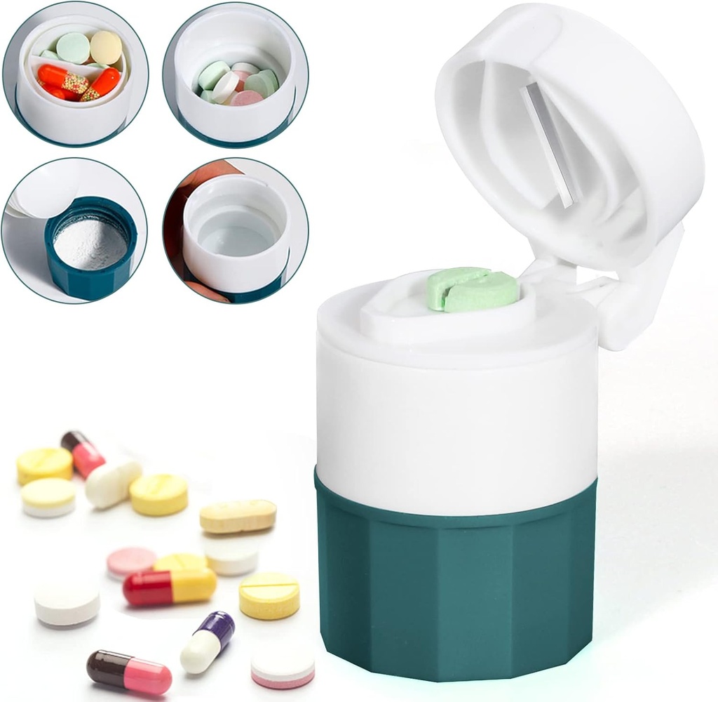 Pille Crusher und Cutter, Pillenschleifer für kleine Pillen und Vitamine, Pill Crusher Grinder Feinpulver, 4-in-1 Medizin-Pulverschleifer, Pillenschneider mit Medikamentenspeicher