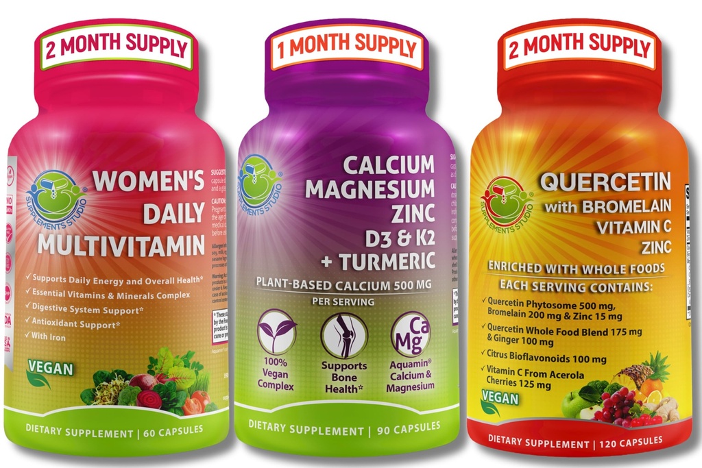 Pflanzenbasierte Immun-, Knochen- und Energieunterstützung Bundle – Quercetin mit Bromelain, Vitamin C & Zink + Calcium Magnesium mit D3, K2 & Turmeric + Women’s Multivitamin mit Iron & Organic Superfoods