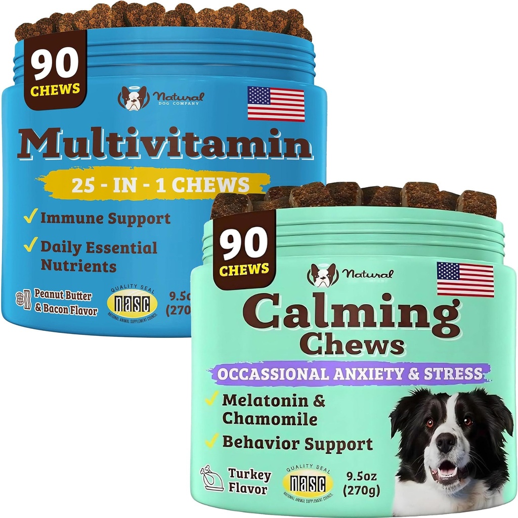 Natural Dog Company Multivitamin e calmante supplemento Bundle, Nutrienti giornalieri e Ansia sollievo per cani, Support Joint Health, Skin & Coat, Ridurre lo stress dal rumore & viaggio, Vitamine essenziali