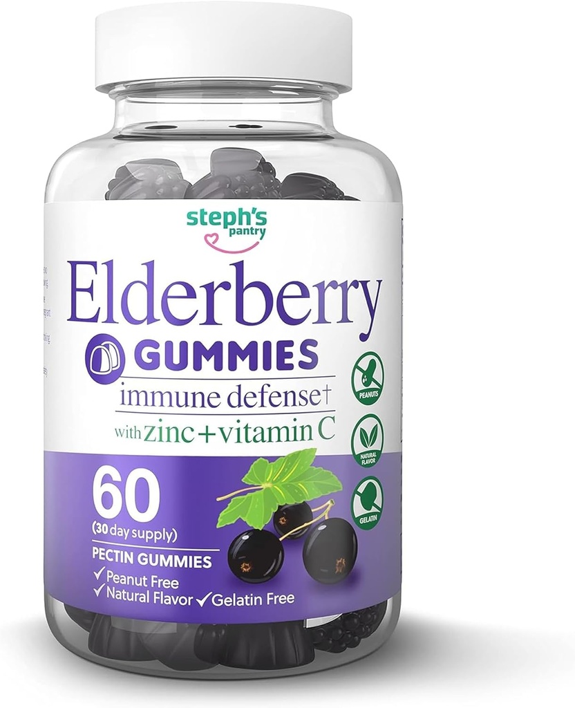 Elderberry-Gummien mit Vitamin C und Zink - Immune Booster Elderberry-Gummien für Erwachsene und Kinder - Vegan Natural Ingredients Defense Multivitamines mit Antioxidant-Unterstützung (60 Gummi)