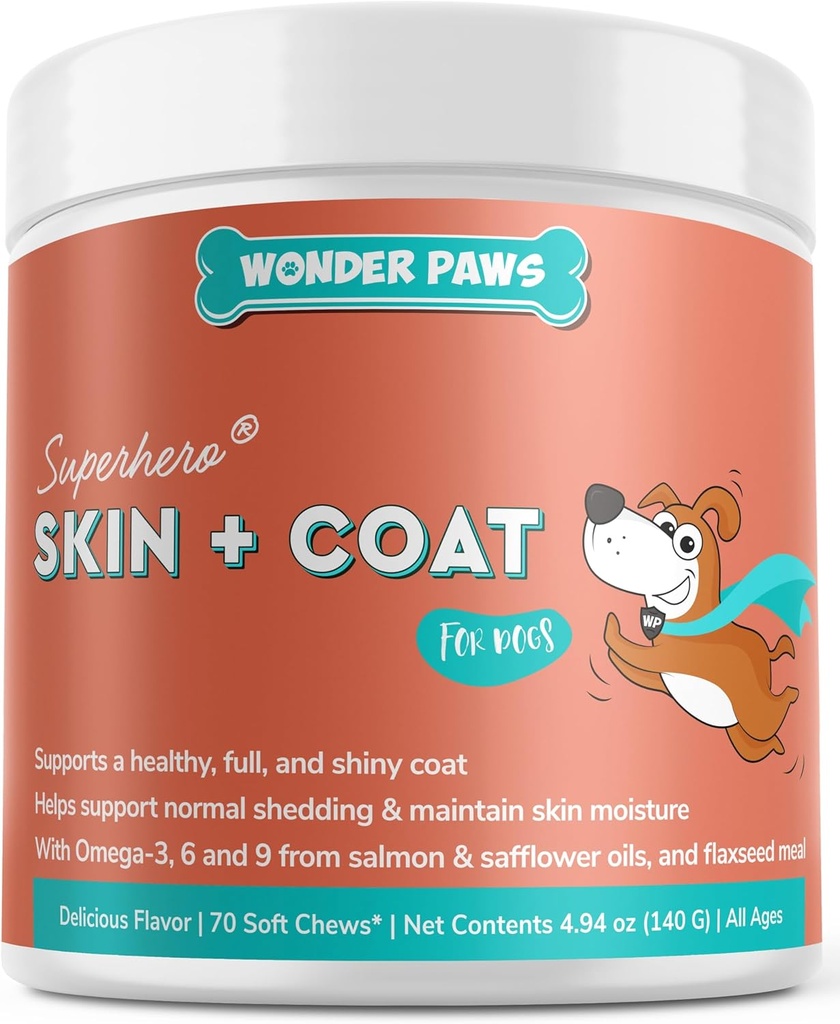 Wonder Paws Skin & Coat Supplement für Hunde mit Lachsöl, Omega 3 & 6, EPA & DHA, fördert gesunde Haut und Mantel, juckendes Relief, Gelenk und allgemeine Gesundheit, Köstliches Flavor, 70 Haut und Mantel Weichkäse