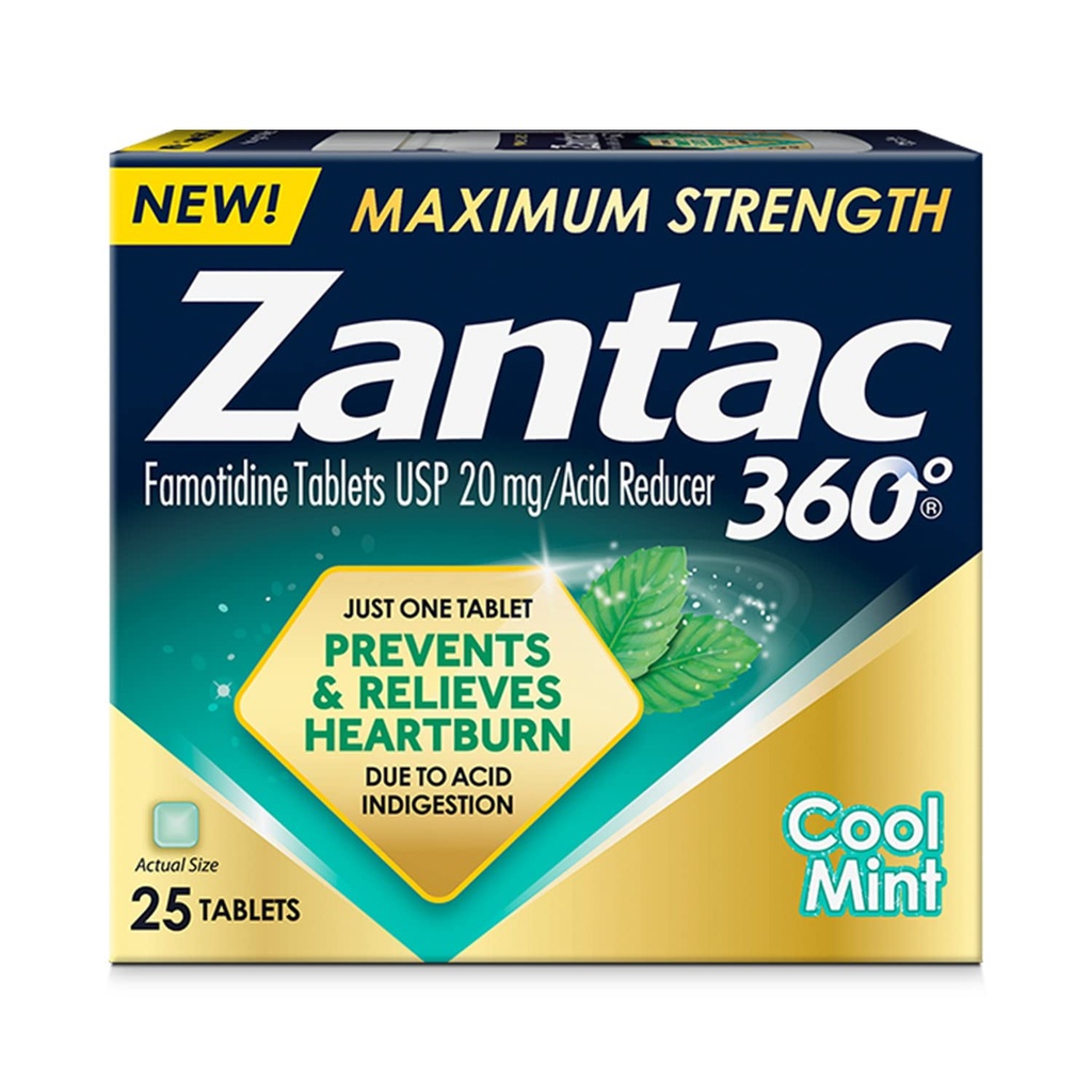 Zantac 360 Maximale Stärke, Cool Mint, 25 Count, Sodbrennen Prävention & Relief, 20mg Tabletten