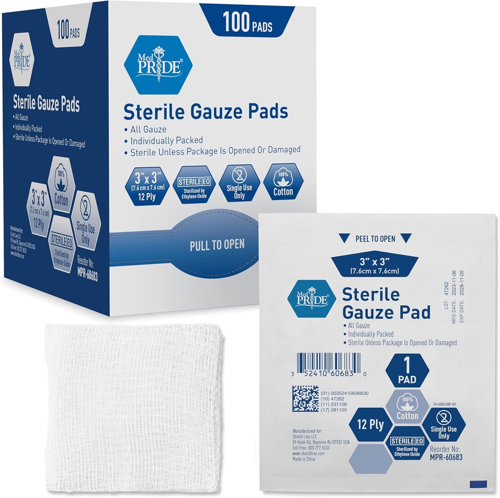 MED PRIDE Sterile Gauze Dressing Pads, 12 Ply Highly Absorbent Baumwolle, Individuell Wrapped, Non Stick, Painless Entfernung (3x3 Zoll (Pack von 100))