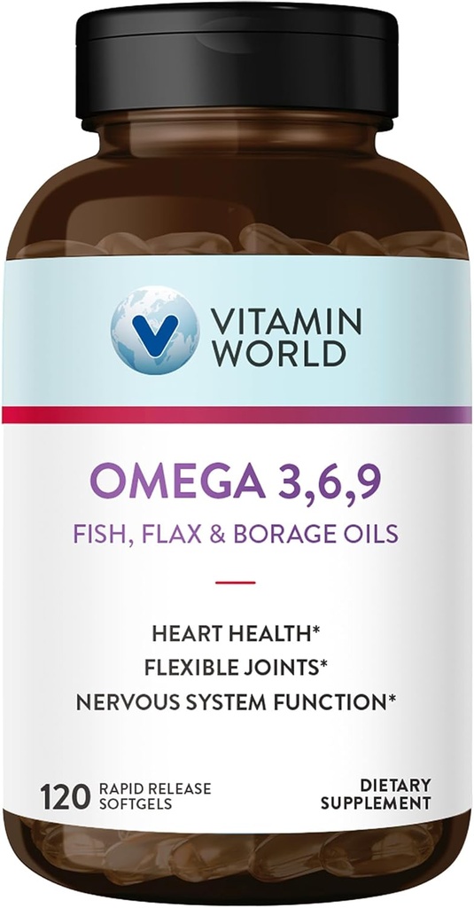 Vitamina Mondo Triple Omega 3-6-9 3000mg con Pesce, Flax, Borage & Sera Oli di Primrose, Omega-3 acidi grassi con EPA & DHA, Supporta Cuore, Cervello & Salute Immune, Senza Glutine, 120 Softgels