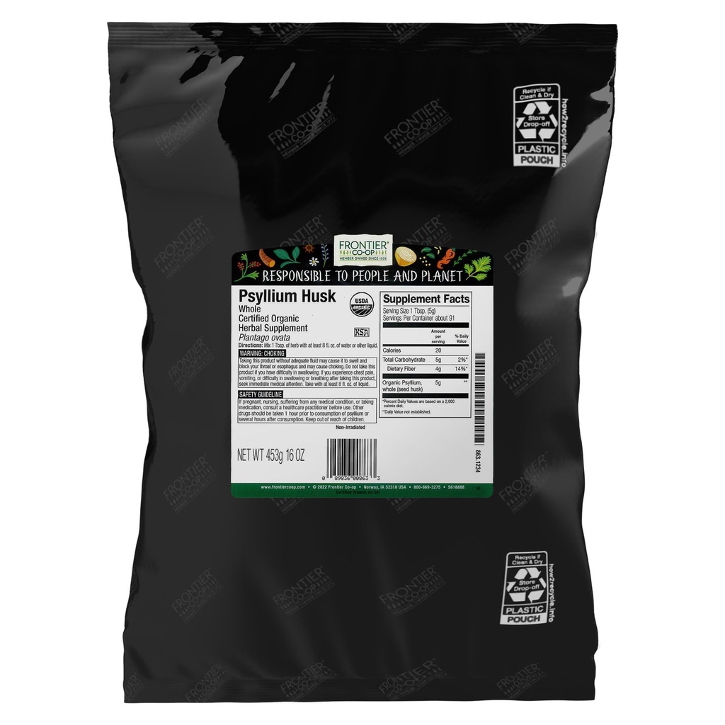 Frontier Co-op Organic Psyllium Husk 1lb - Ganze Psyllium Husk, Organic & Kosher - Psyllium Husk Faser für Backen, Psyllium Nahrungsergänzungsmittel für Verdauung, Psyllium Husk Pulver