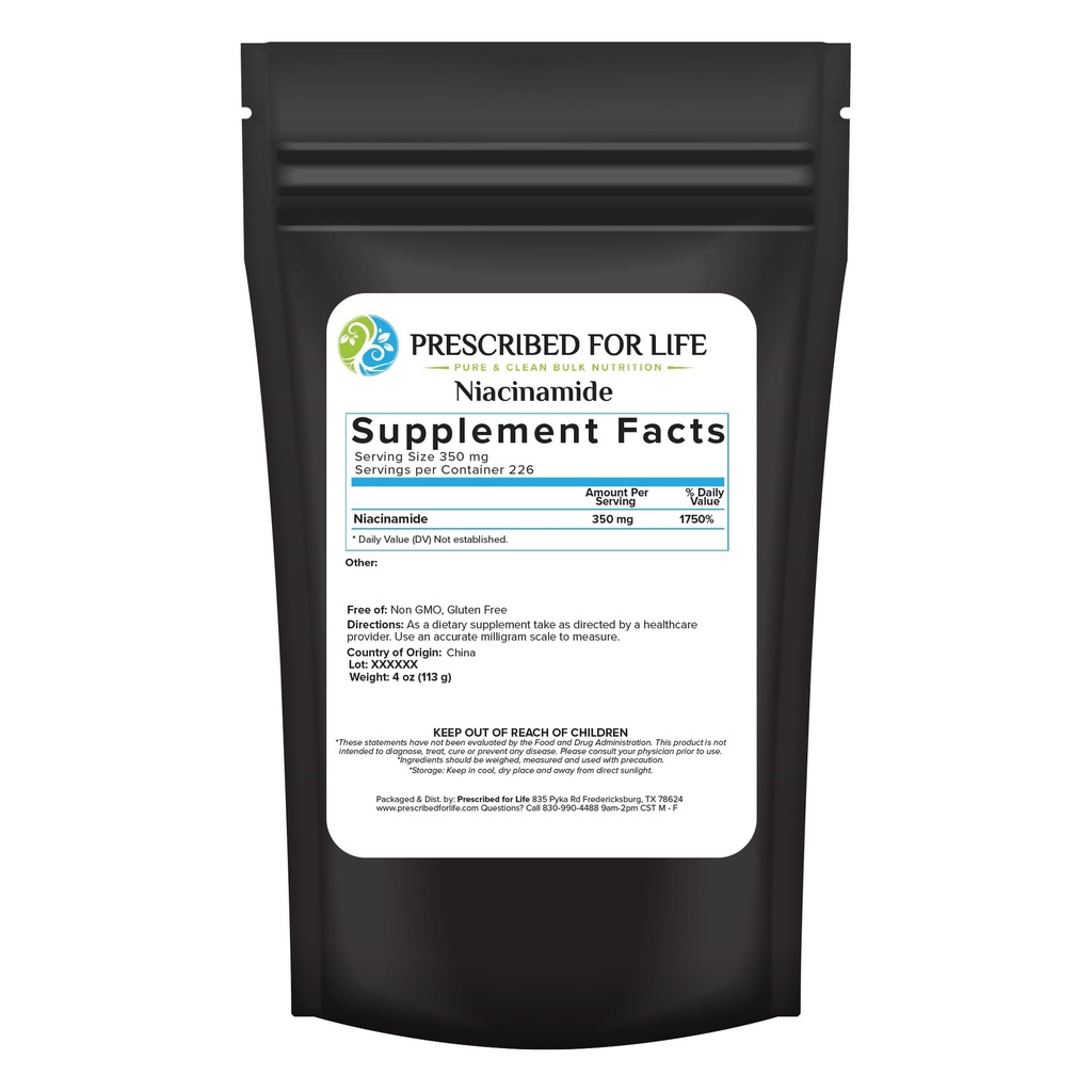Prescription pour la vie Poudre de niacinamide (B-C), Poudre de vitamine B3 de grade USP granulaire fin, supplément naturel de nicotinamide, sans gluten, sans OGM, végétalien, niacinamida pura (4oz / 113g)