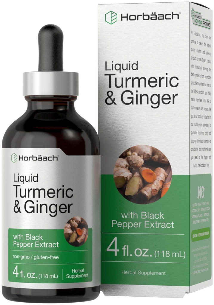 Horbaach Turcuma et supplément de gingembre gouttes de 4 fl oz avec extrait de poivre noir.