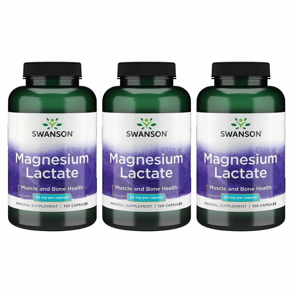 Swanson Magnesium Lactate Lactose-Free, 84 mg, 120 Capsules, 3 Pack