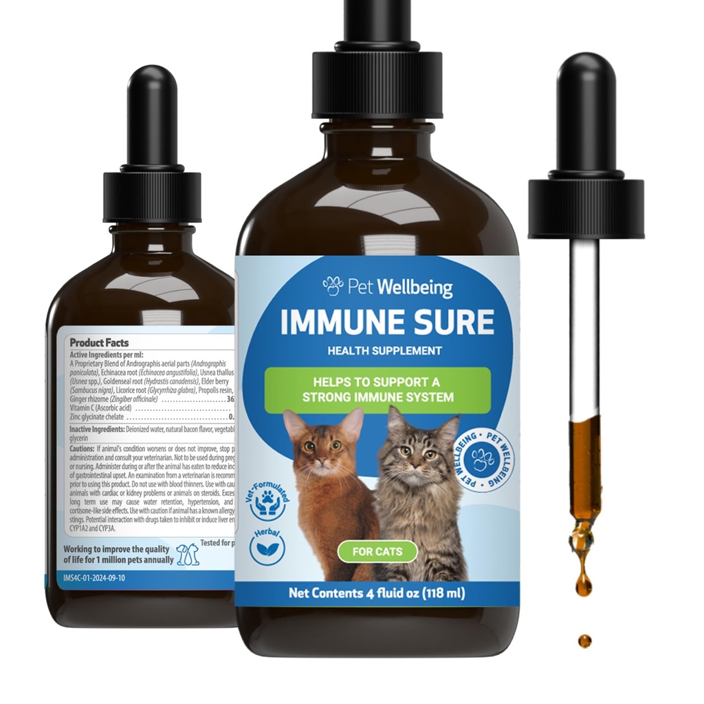 Pet Wellbeing Immune Sure for Cats - Unterstützt normale Immunabwehr, Gut Flora Balance, Andrographis, Echinacea, Vitamin C, Zink - Veterinär-Formulierte Kräuterergänzung 4 oz (118 ml)