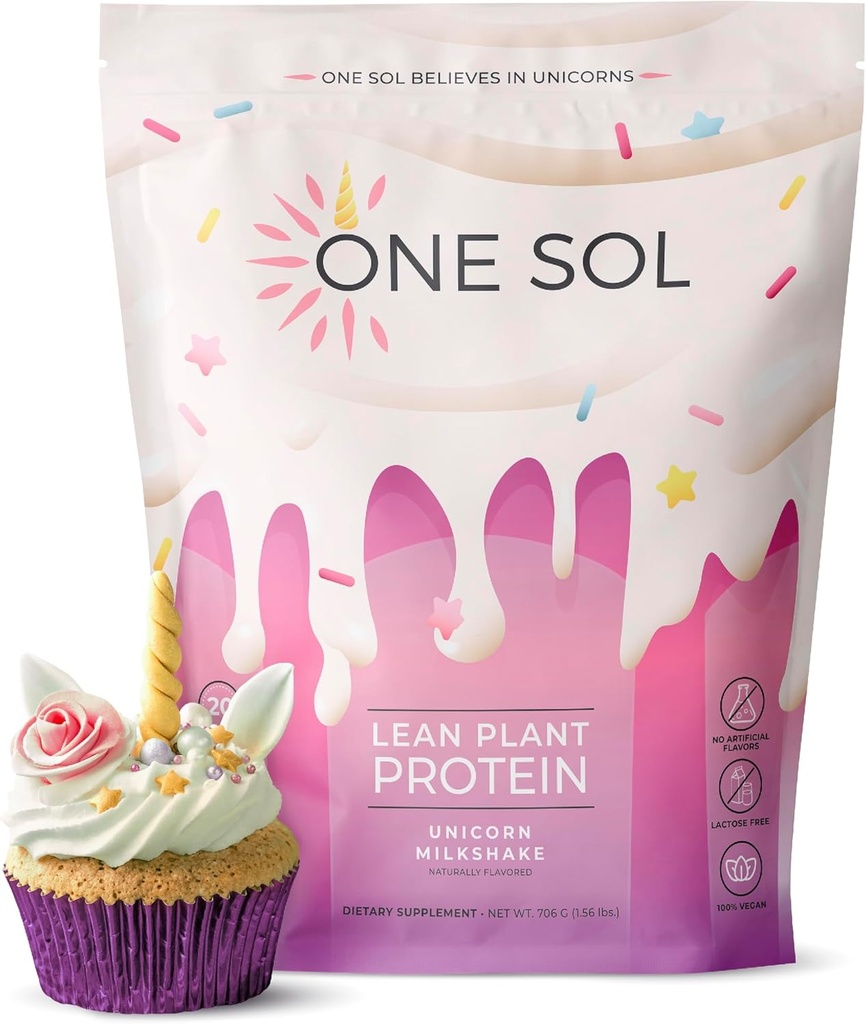 One Sol Lean Plant-Based Protein Powder, Pea & Brown Rice Protein, Carb basso, Vegan Friendly - Gluten, Lattosio, & Soy Free - Non Aggiunto Zucchero, Non OGM, Nutrizione pulita, Senza Bloating (Unicorn Milkshake)