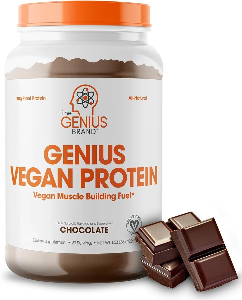 Genius Vegan Protein Pulver, Schokolade - Pflanzenbasierter Lean Muskelaufbau Shake für Männer & Frauen - Pea & Kürbis Protein Quellen - Natürlich aromatisiert & Sweetened - Dairy & Lactose Kostenlos