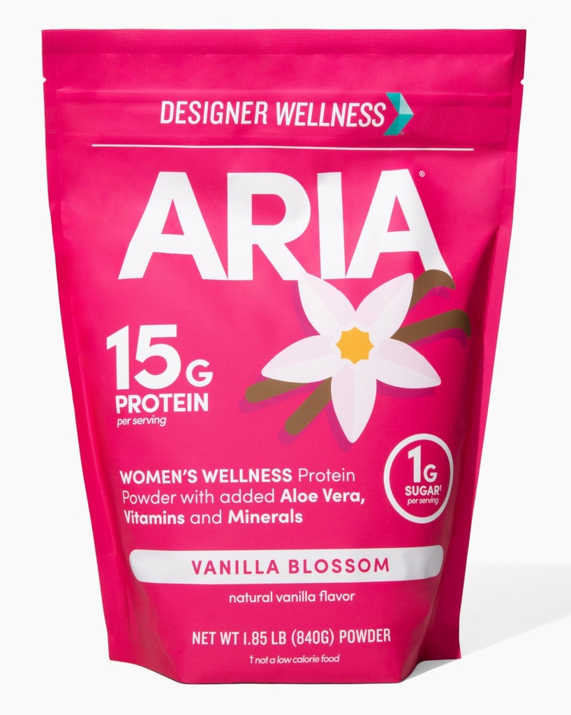 Designer Benessere, Aria, Benessere delle donne Polvere proteica bassa Calorie Vanilla con Biotina, Vitamina C e Aloe Organica, Vanilla Blossom, 1.85 Pound