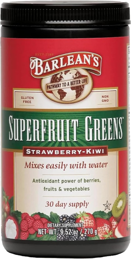 Barleans Superfrucht-Grünen-Pulver mit antioxidativer Leistung von Beeren, Früchten und Gemüse – Erdbeer-Kiwi-Flamour - Vegan, Non-GMO, Gluten-Free - 9.52 Unze