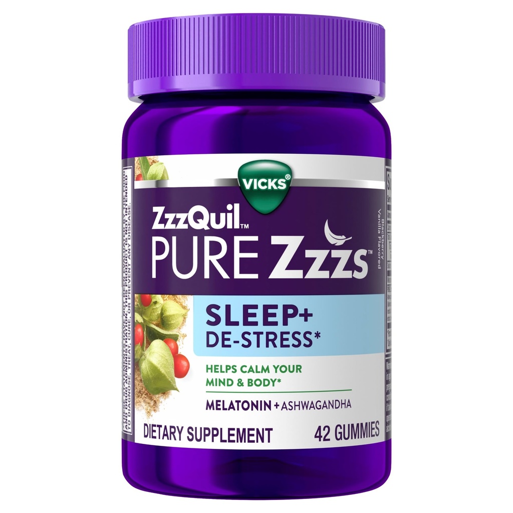 ZzzQuil PURE Zzzs De-Stress Melatonin Aide au sommeil Gummies, aide à calmer votre esprit et votre corps, Ashwagandha pour le soutien du stress, Aide au sommeil pour les adultes, 1 mg par gummy, 42 Compte