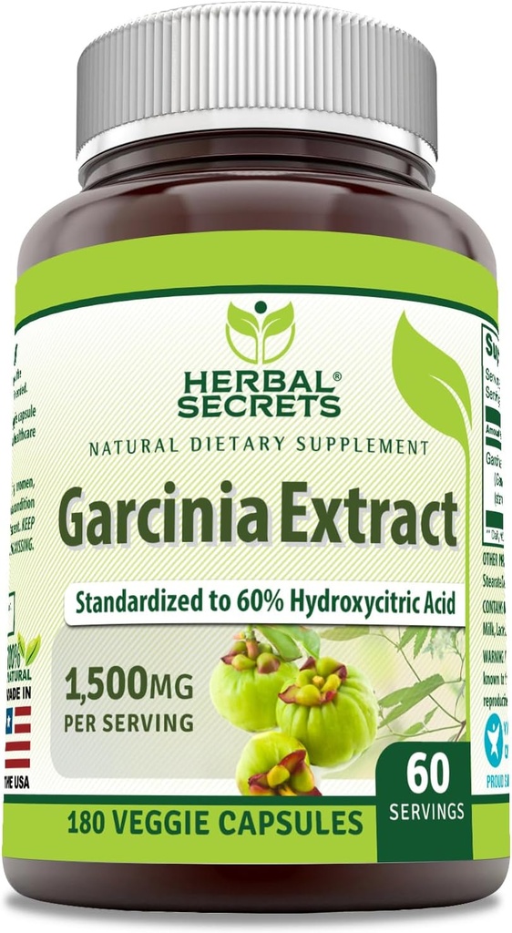 Kräutergeheimnisse Garcinia Extrakt Ergänzung |1500 Milligramme | 180 Veggie Kapseln | Non-GMO | Gluten-Free | Made in USA