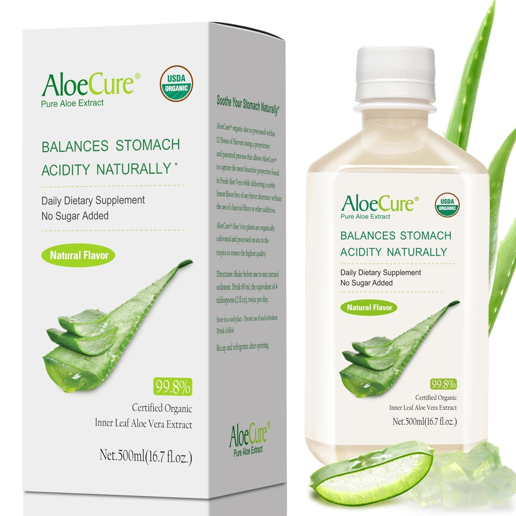 AloeCure USDA Bio Aloe Vera Juice fabriqué dans les 12 heures de la récolte - Pure Aloe Juice Supplément digestif naturel pour soutenir la digestion, le système immunitaire et l'acidité équilibrée de l'estomac, bouteille de 500ml