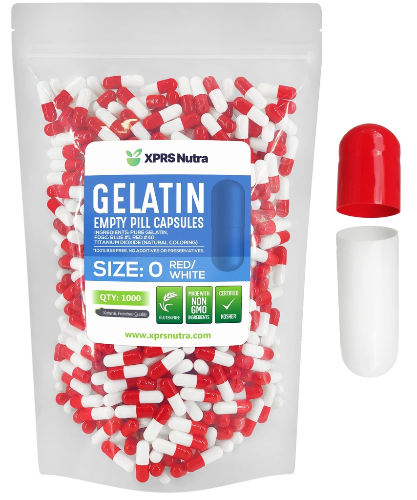 XPRS Nutra Size 0 Capsule Vuote - 1000 Conta Capsule Gelatini Vuoti - Pillole Riempimento Capsule fai da te - Pure Bovine Pill Gel Caps per Do-It-Yourself Supplements (rosso/bianco)