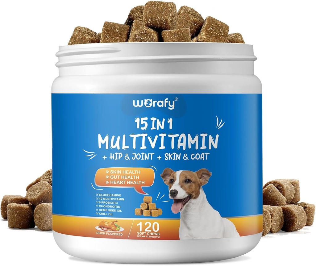 Cane Multivitamina Masticabile con Glucosamina, 15-in-1 Cane Integratori Multivitaminici,Multivitamina per Cani,Supporto Calore - Cane Pelle, Cappotto, Cuore,per Cani di Tutte le Età e Razze,120 Soft Chews Duck Flavor