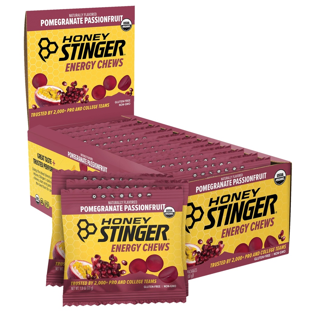 Miele Stinger Organic Pomegranate Passionfruit Energy Chew, Gluten Free & Caffeine Free, per Esercizio, Corsa e Prestazioni, Nutrizione Sportiva per Casa & Palestra, Pre e Mid Workout, 12 Pack