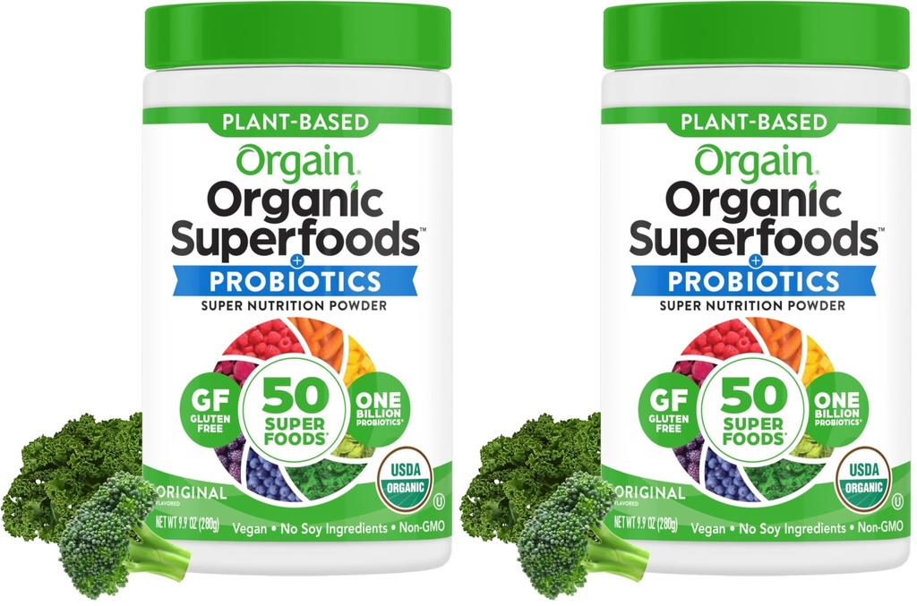 Orgain Organic Greens Powder + 50 Superfoods, Originale - 1 miliardo di Probiotici per Gut Health, Antiossidanti, Vegan, Plant Based, Gluten Free, Non OGM, Dairy Free Juice & Smoothie Mix - 0.62lb