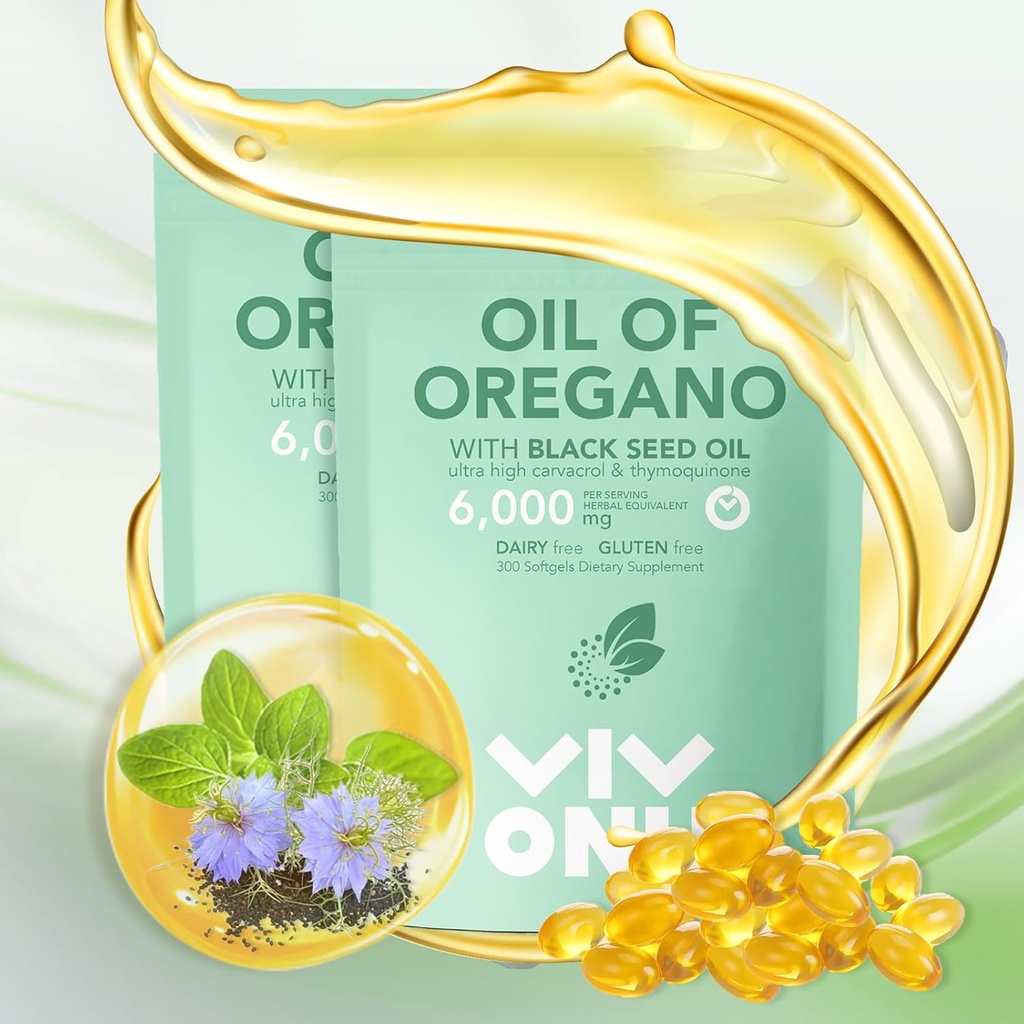Huile VivoNu d'Origan avec Huile de Graine Noire, Huile équilibrée d'Origan Capsules, Origan OrganiqueHuile Softgels,Carvacrol,Thymoquinone, Non-OGM