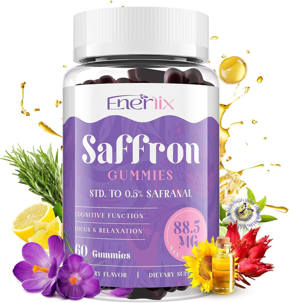Safrangummis 88.5 mg mit Magnesium, Max Strength Saffron Ergänzungen mit St. John’s Wort, GABA, Rhodiola, Rosmarin & Passion Blütenextrakte für Mood, Fokus - 60 Portionen