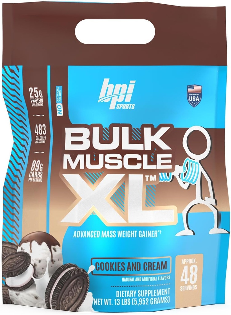 BPI Sports Bulk Muscle XL - Advanced Mass Weight Gainer for Serious Muscle Building & Recovery, 25g Protein & 497 Calories Per Serving - Chocolate, 13lb Bag (13lb, Cookies e Crema)