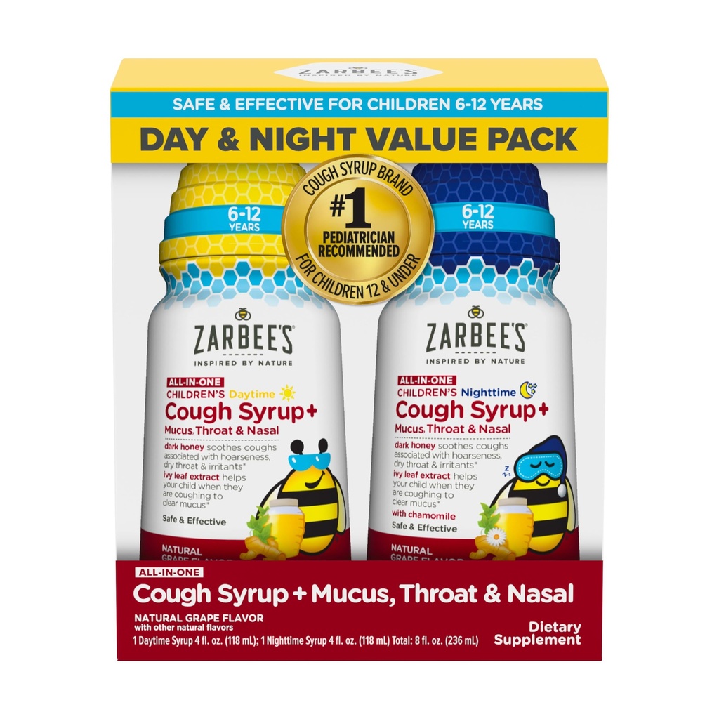 Zarbee's Children's All-in-One Honey Cough Sirop + Mucus, Throat & Nasal Day & Night Value Deux packs pour les enfants 6-12 + Miel foncé, Extrait Ivy Leaf, Zinc Turmeric Root & B-Vitamines, Raisin, 2 x 4 fl. Oz