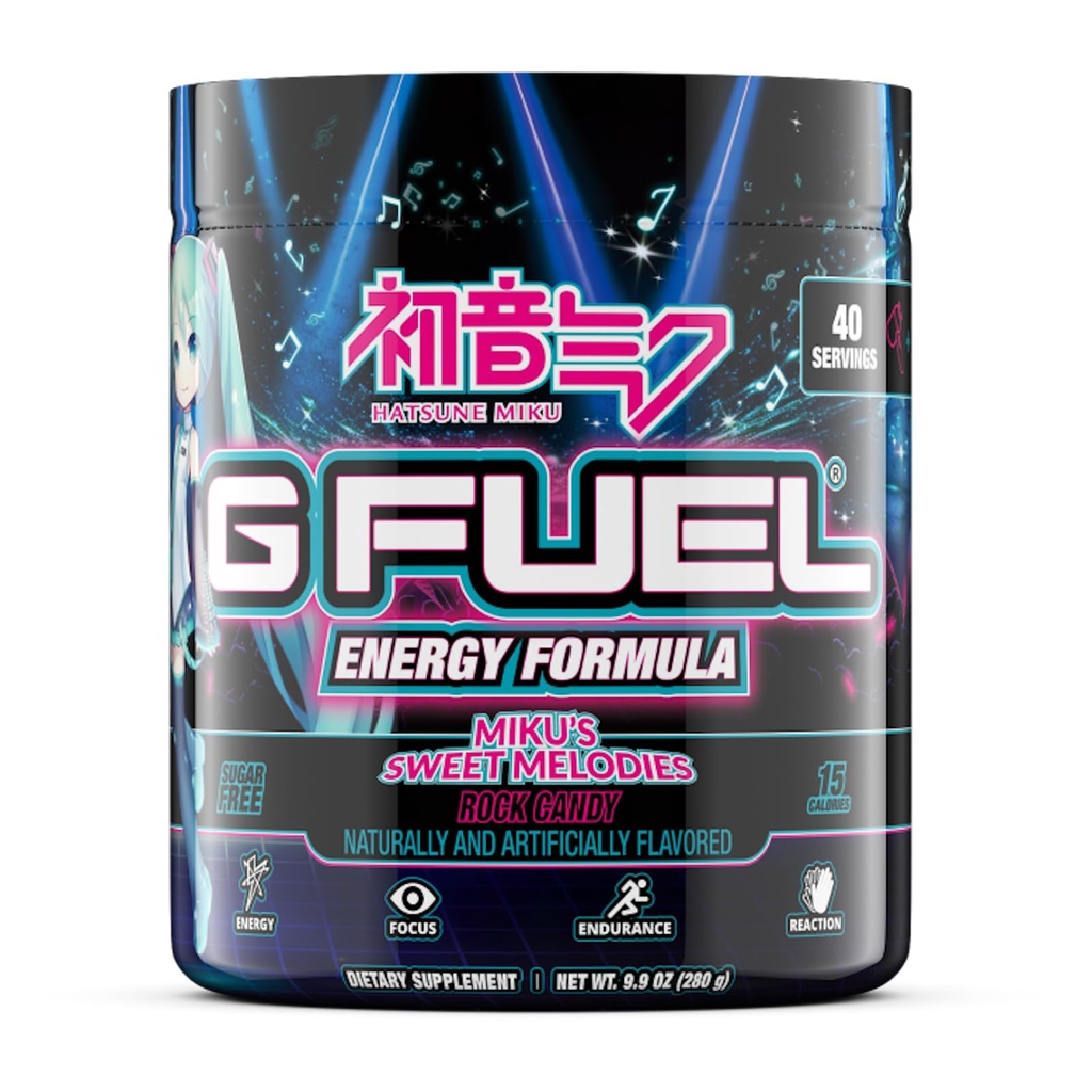 G Fuel Sweet Melodies Hatsune Miku Energy Drink Powder, Pre Workout Caffeine Mix for Gaming, Sugar Free Focus Amino, Vitamin + Antioxidants, 9.9oz (Rock Candy, 40 Servierungen)