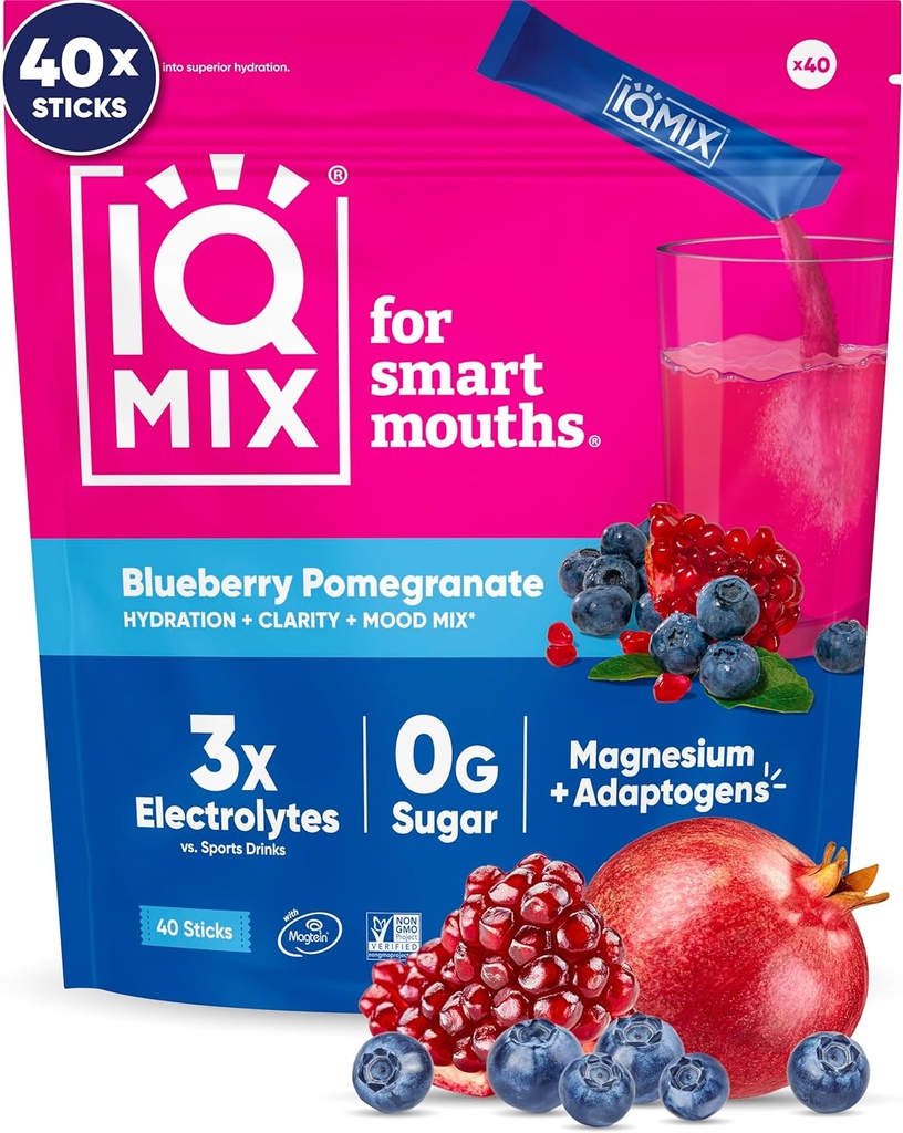 IQMIX Hydration Elektrolyt Pulver – 4-in-1 Formel für Hydration, Psychische Klarheit, Stimmung und Erholung – Zuckerfreie Getränkemischung, Keto, Magnesium L-Threonate, Lion’s Mane – 40 Count Blueberry Granatapfel