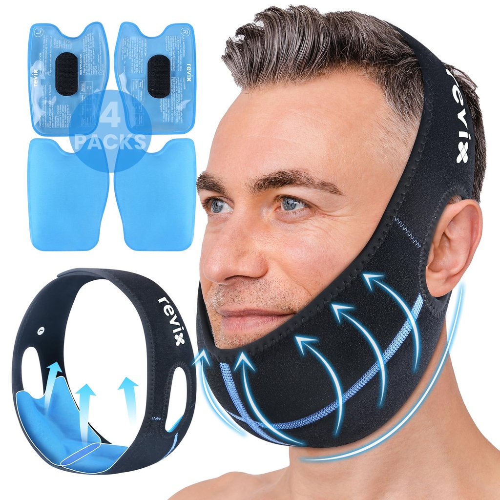REVIX Wisdom Teeth Ice Pack Head Wrap mit 3D-Sewing Jaw Ice Pack für Gesichtsoralchirurgie Schmerzlinderung für TMJ, Zahnextraktion & Zähne entfernt, Extra Snug Fit mit 4 Hot Cold Gel Packs wiederverwendbar, Schwarz