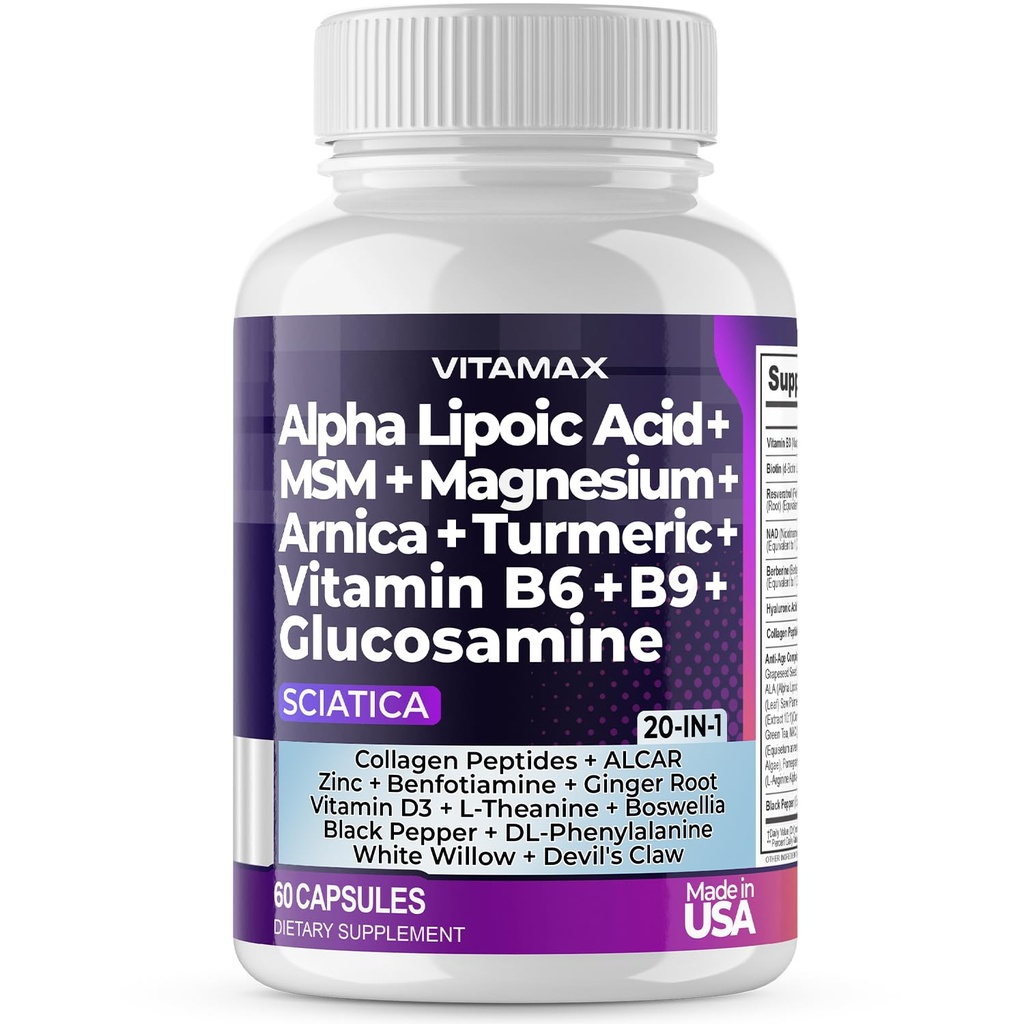 Sciatic Nerve Health Support - Sciatic Nerve Supplement Kapseln mit Folsäure, Pea, Glucosamin, MSM, Vitamin B Complex, Alpha Lipoic Acid 300mg – 60ct – Made in USA