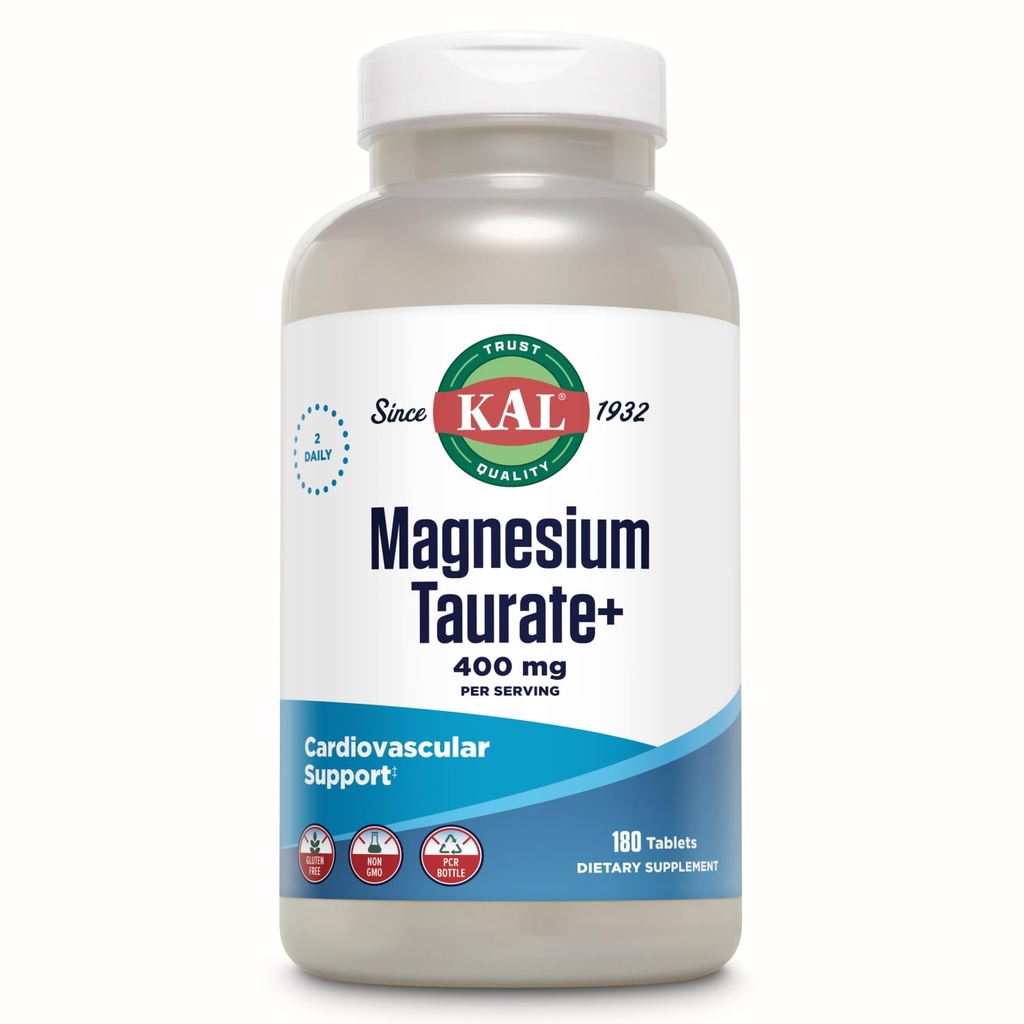 KAL Magnesium Taurate 400mg Plus Coenzima Vitamina B6, Chelated Magnesium Supplement, Funzione muscolare, Gluten Free, Vegan, 90 Serv, 180 compresse