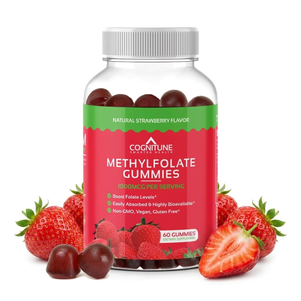 CogniTune Methylfolate Gummies - Facile da prendere ad alta potenza L-metilfolato, Folate supplemento per il cervello, la salute del cuore e l'immunità, Delicious Strawberry Flavor, Non-GMO, Vegan, senza glutine