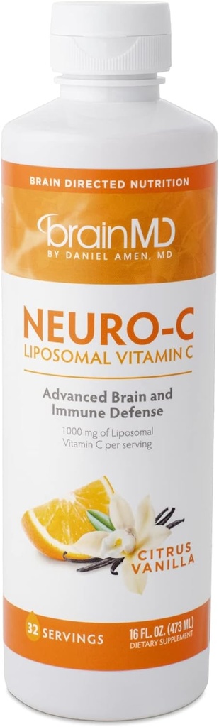 BRAINMD von Dr. Amen Neuro-C, Citrus Vanilla - 16 fl oz - 1000 mg Liposomal Vitamin C - Fortgeschrittene Gehirn- und Immunabwehr - Glutenfrei - 32 Portionen