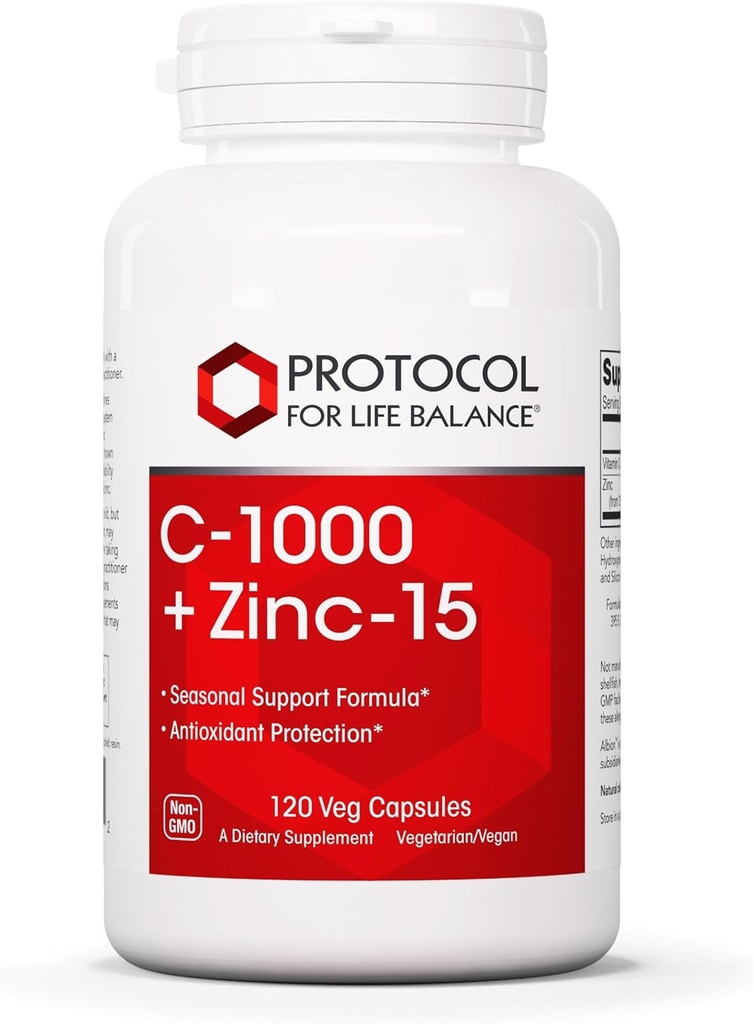PROTOCOLE POUR LA BALANCE VIE C-1000 + Zinc-15 - Vitamine C & Zinc Bisglycinate - Supplément de soutien immunitaire - Supplément antioxydants - avec acide ascorbique - 120 Capsules de légumes