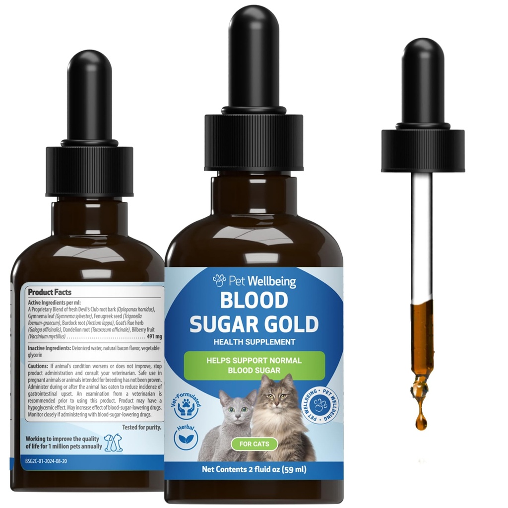 Bien-être des animaux - Sucre sanguin Or pour les chats - Soutien naturel pour des niveaux de sucre dans le sang sain chez les chats diabétiques - Stabilisation de l'insuline et fonction pancréatique normale - 2 oz (59 ml)