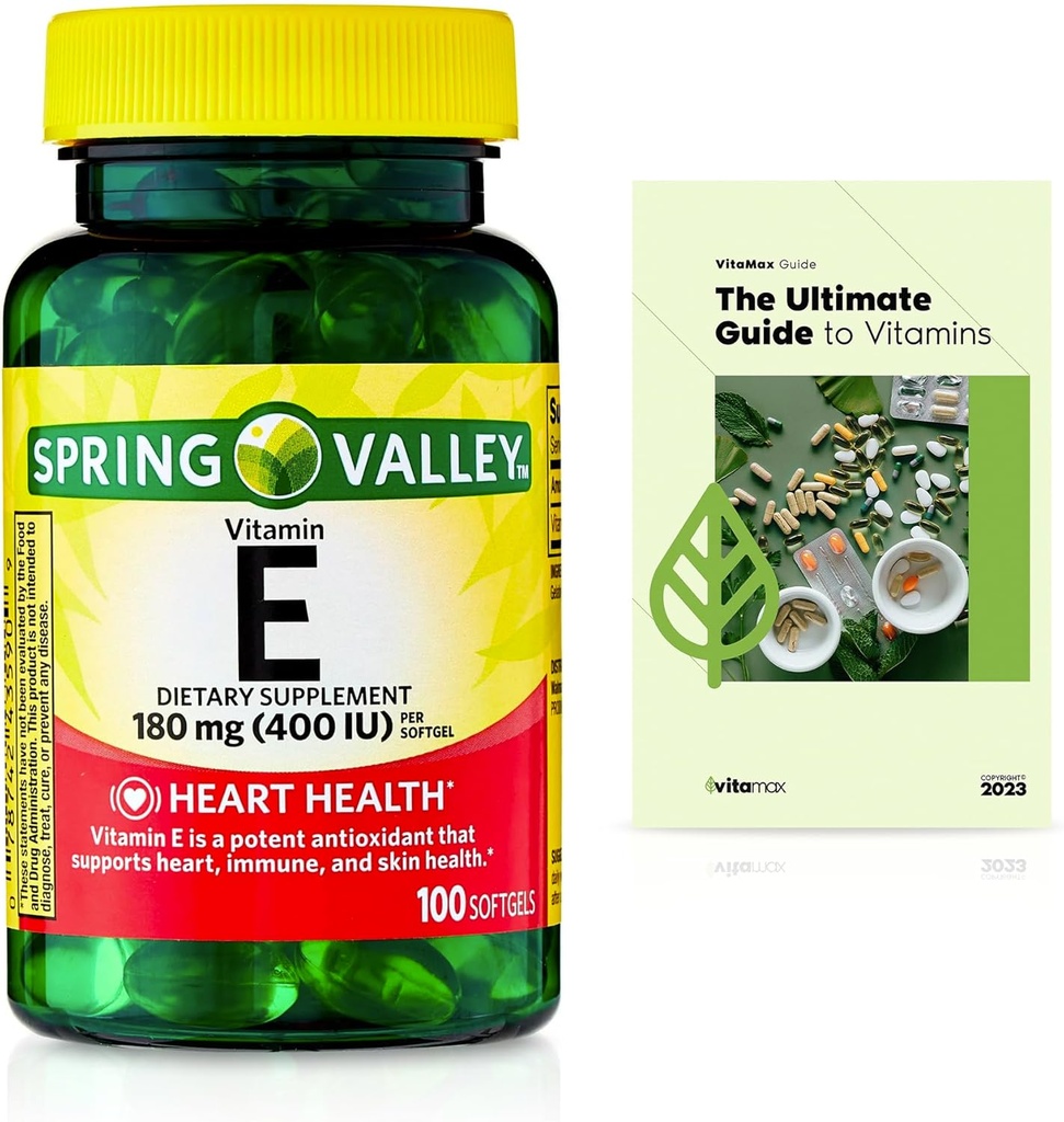 Frühlingstal Vitamin E Herzgesundheit Nahrungsergänzungsmittel Weichgel, 180 mg (400 IU), 100 Count + Exklusive VitaMax Vitamin Guide (2 Artikel)