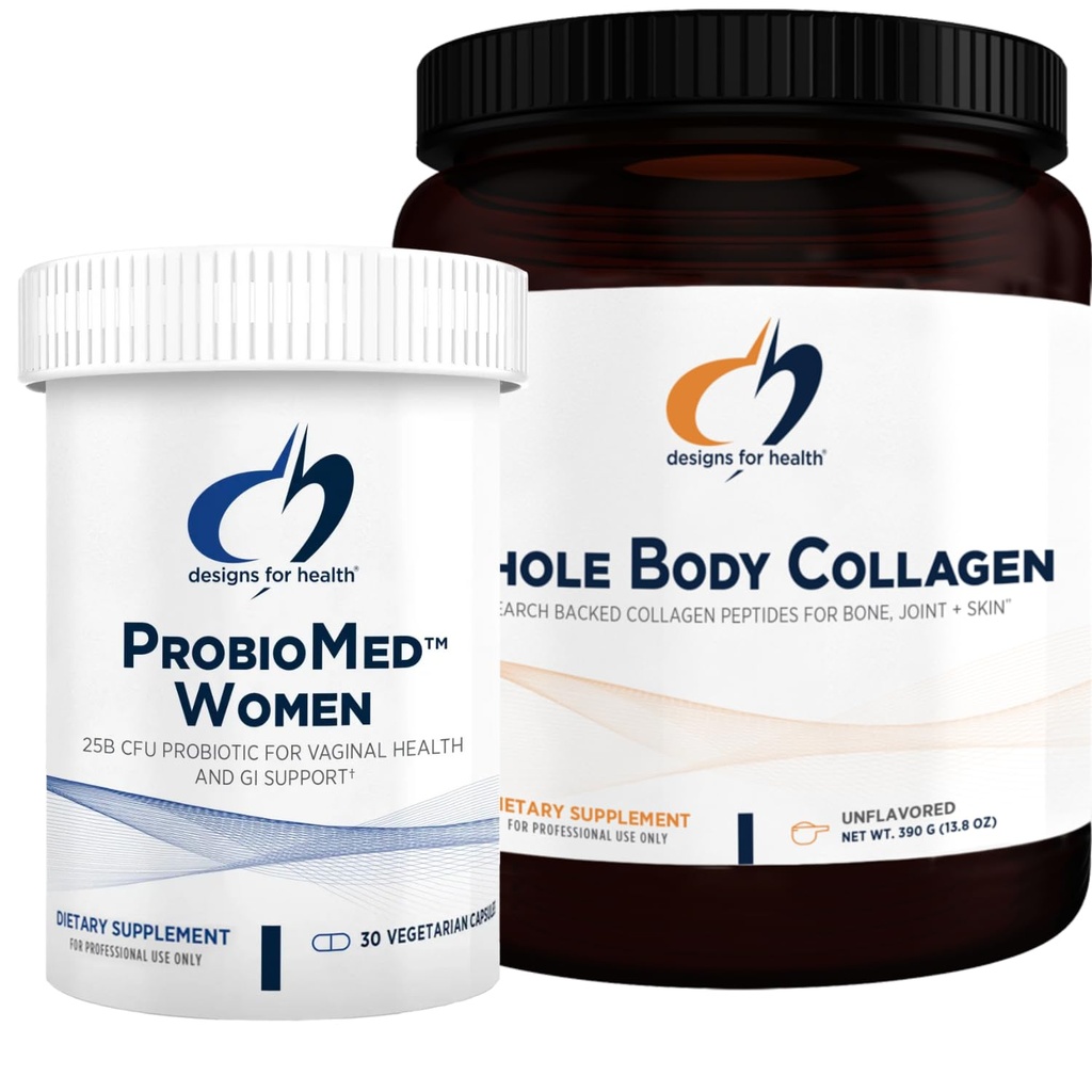 Progetti per la salute del collagene polvere & donna Probiotico Bundle - ProbioMed Donne (30 capsule) Gut Health & Vaginal Support Probiotico con tutto il collagene del corpo (390g) Peptidi per le ossa, giunto & pelle