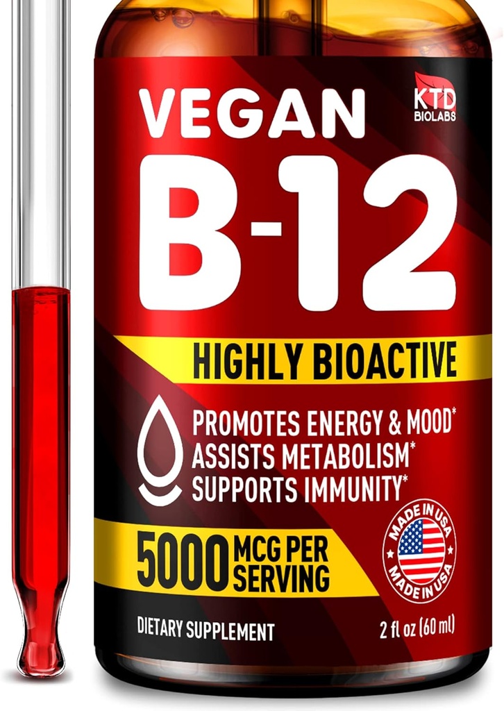 B12 Sublingual 5000 mcg Drops - Made in USA - Vegan B12 Vitamins for Energy, Mood & Memory - Highly Bioavailable Sublingual Drops - Methylcobalamin for Women & Men - 2 fl. oz.