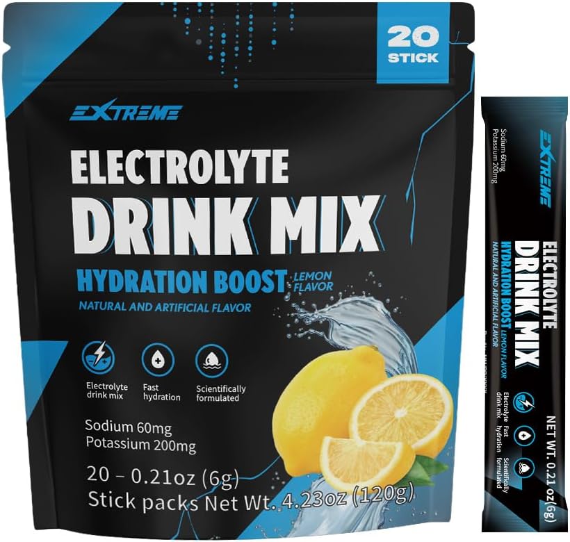 Estrema miscela di bevande elettrolitiche con sodio 60mg, potassio 200mg, taurina - polvere di idratazione, zucchero zero, caffeina zero, non OGM, glutine zero, basso sapore di calorie, limone (20 confezioni, 20 giorni di alimentazione)