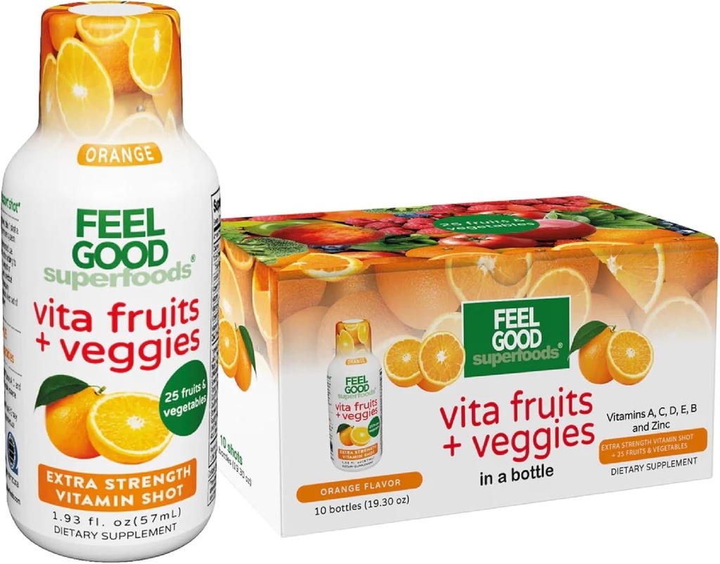 FeelGood Superfoods Vita Fruits et légumes Immune Support Suppléments de prise de vue, Arôme Orange, Pack de 10 prises de vues d'immunité, Boissons de booster système immunitaire fabriquées avec 25 fruits et légumes biologiques