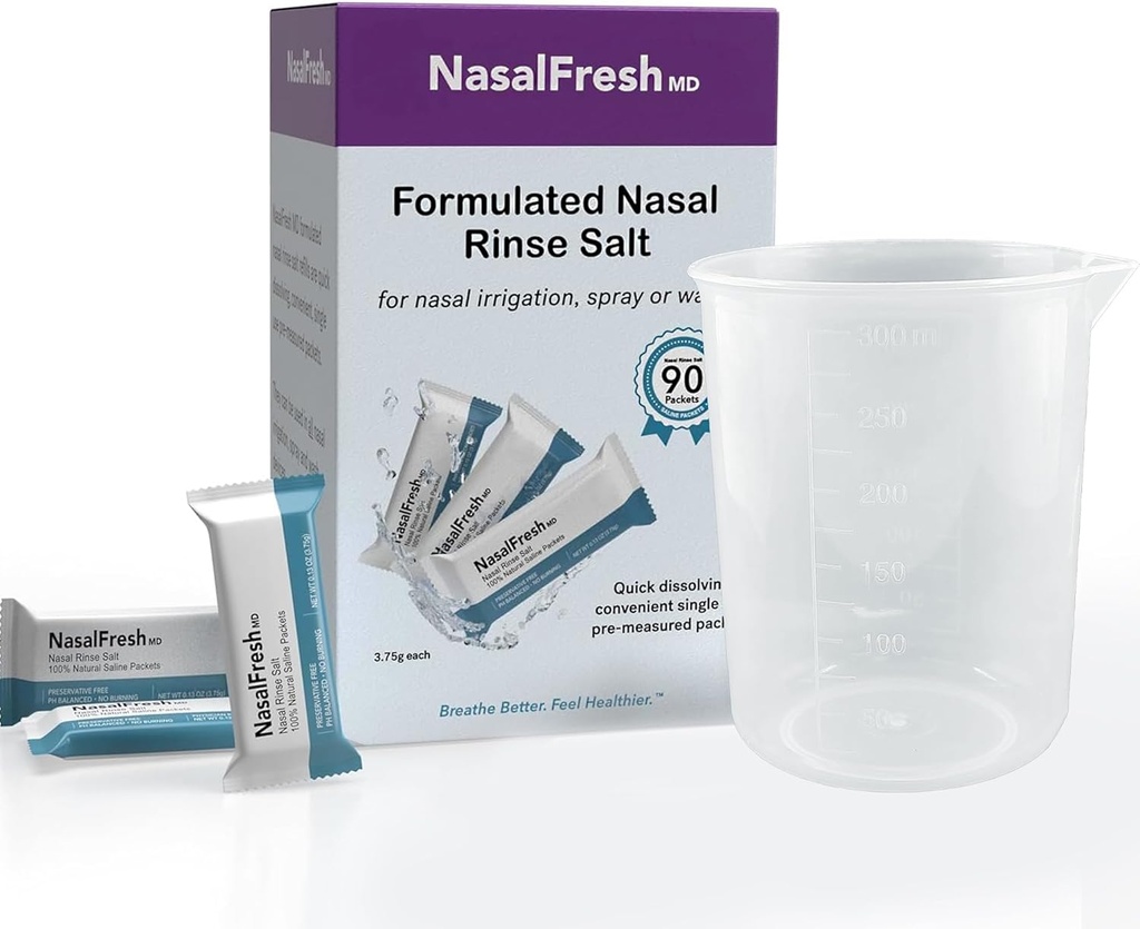 NASALFRESH MD - Saline Packets - Schnellauflösen - Einzeleinsatz - Vorvermessen - Nasalbewässerung - Individuell verpackt (3.75g/1.3oz) - 90 Count Refill Packets - 300mm Cup