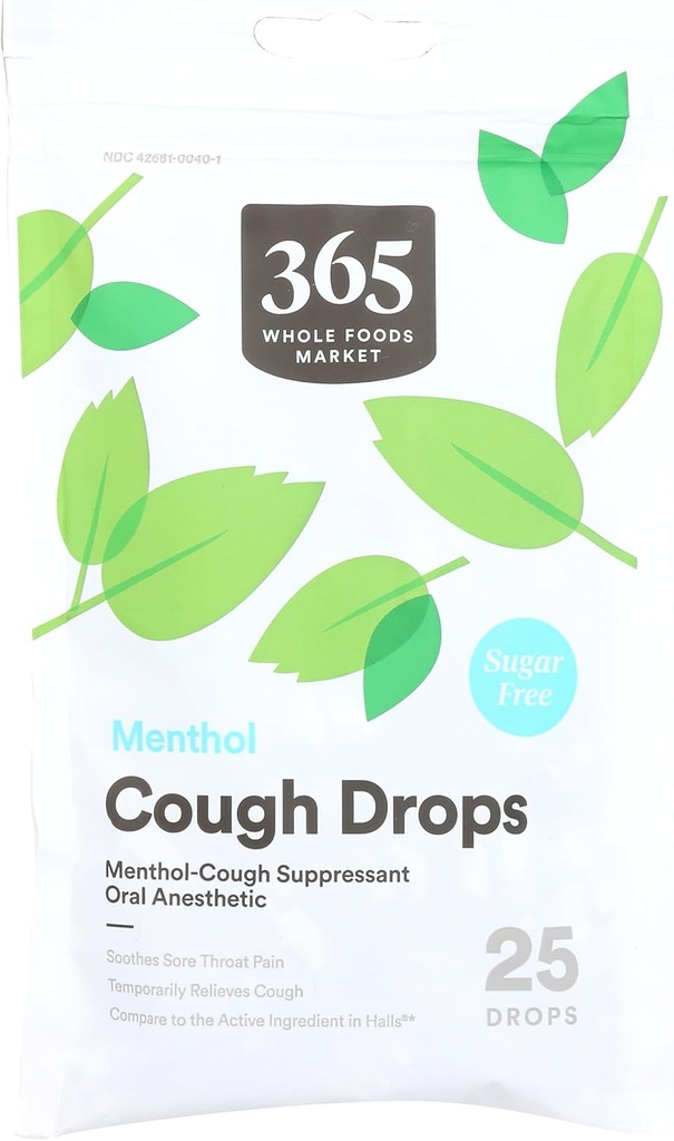 365 par Marché des aliments entiers, Toux gouttes, sans sucre menthol, 25 comte
