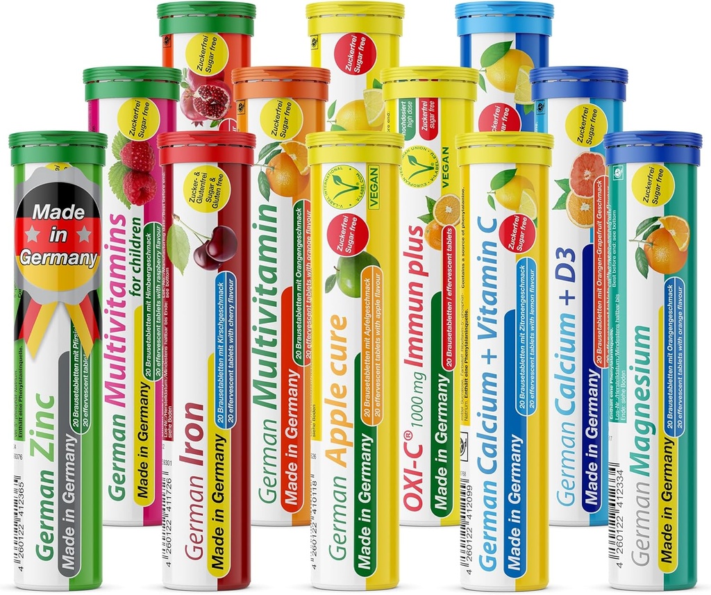 T&D German Vitamin, Minerali - 240 Vegan/Vegetarian Drink Effervescent Tablets - Mixed Fruit Flavor Box - Made in Germany