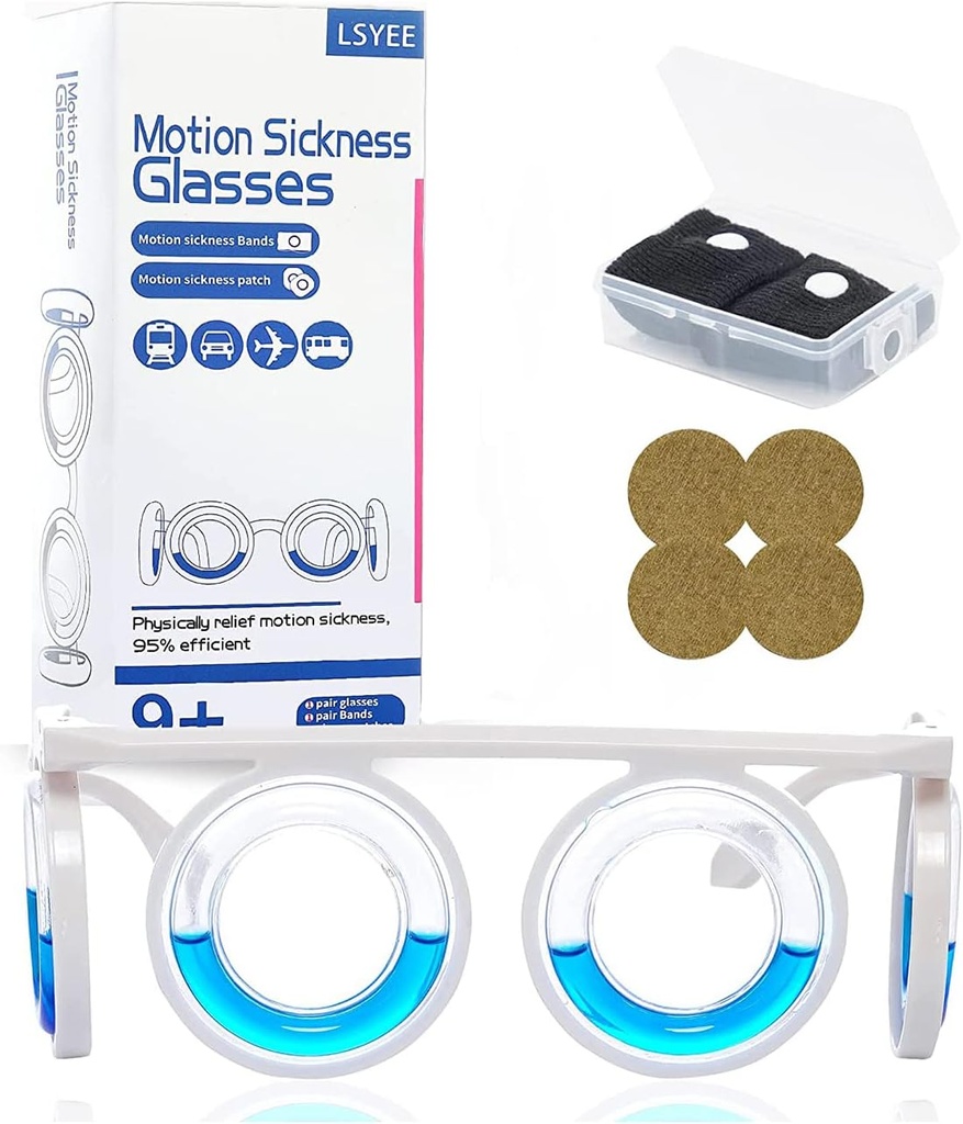 Anti-Motion Sickness Gläser,Motion Sickness Bands (Random Farbe),Motion Sickness Patch, Antiemetic, Drei in einem Paket für Erwachsene oder Kinder
