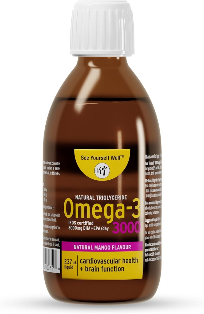 Liquid Omega 3 Fish Oil - High Potency. Promotes Brain, Eye, Heart & Immune Health. Natural Triglyceride. 237ml / 8oz - 48 Servings. Mango
